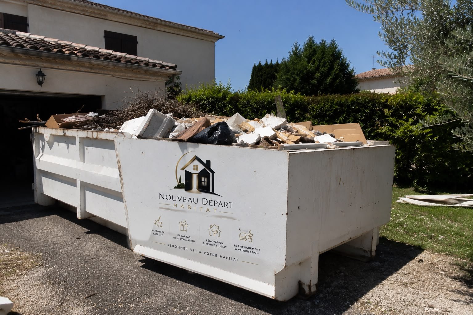 Benne de chantier installée dans un jardin